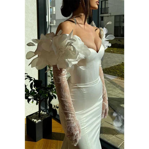 Vestido de noche de fiesta con escote en forma de trompeta, manga larga y adornos florales 