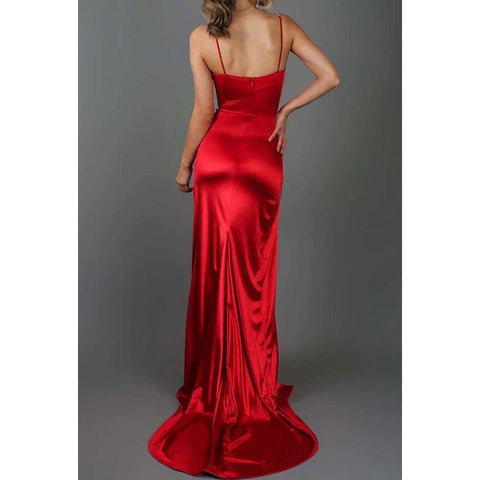 Robe de bal longue en satin à bretelles spaghetti et fente