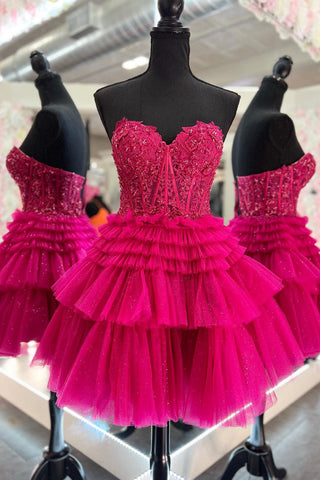 Lindo vestido de fiesta de línea A, escote corazón, corsé rosa claro con volantes