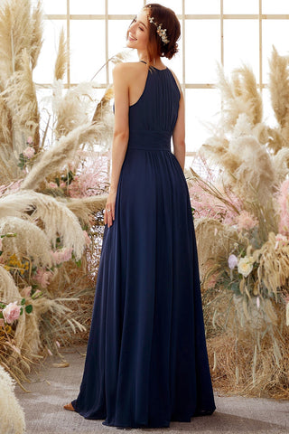 Navy Halter Chiffon Bridesmaid Dress