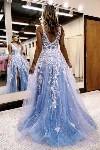 A Line Deep V Neck Blue Long Prom Dress with Appliques