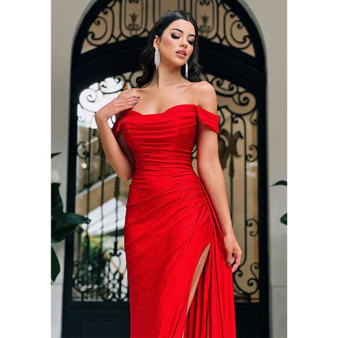 Sheath/column Off Shoulder Pleats Red Long Formal Evening Dress with Slit