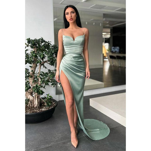 Vestido de fiesta largo plisado con tirantes finos y abertura para mujer