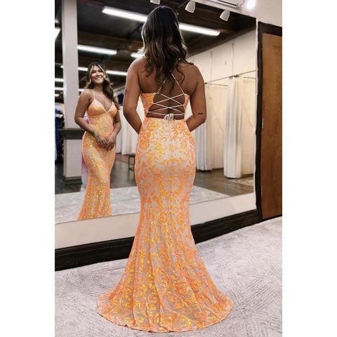 Vestido de fiesta de sirena con escote en V y tirantes finos cruzados