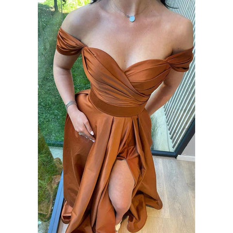 Hermoso y encantador vestido formal de fiesta con mangas cortas, abertura lateral y hombros descubiertos en forma de A