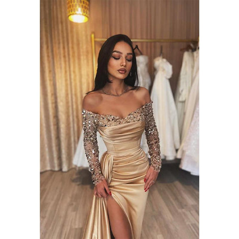 Vestido formal de fiesta con escote en forma de corazón, lentejuelas, mangas largas y abertura