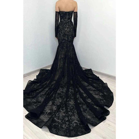 Vestido de noche formal negro de sirena con encaje romántico y escote corazón 