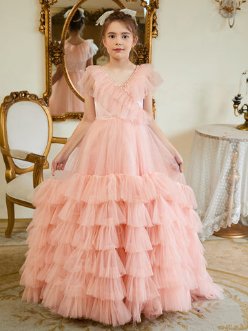 A-line Tulle Sweep Train Pearl Pink Dress (2003225563)