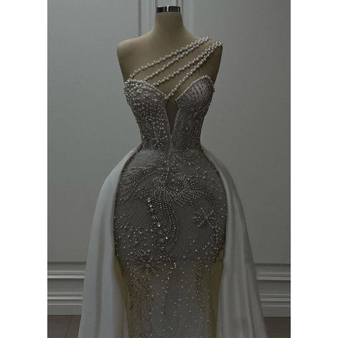 Vestido de novia largo con escote en V y cuentas de un solo hombro brillante 