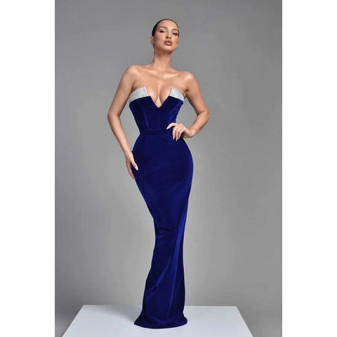 Robe de bal longue à paillettes, décolleté en V, sans bretelles, avec fente dans le dos