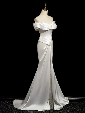 Robe de soirée longue blanche en satin satiné, style sirène, épaules dénudées, modèle Y8047