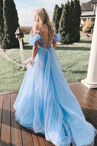 A Line Off the Shoulder Blue Long Prom Dress with Feather