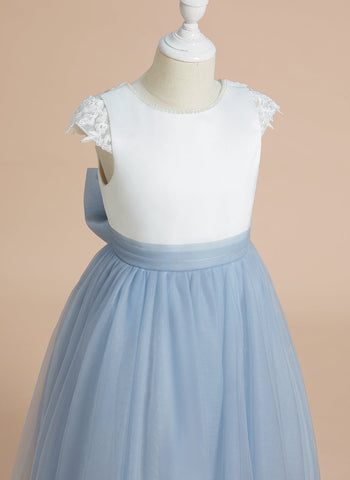 A-line Satin Tulle Tea-length First Communion Flower Girl Dress