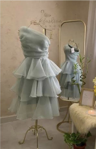 Robe de bal élégante asymétrique bleue, coupe trapèze, mini-robe de soirée Y7665