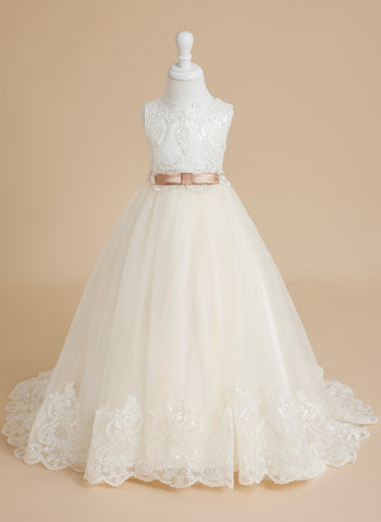 Ball-Gown/Princess Tulle Sweep Train Ivory  Flower Girl Dress
