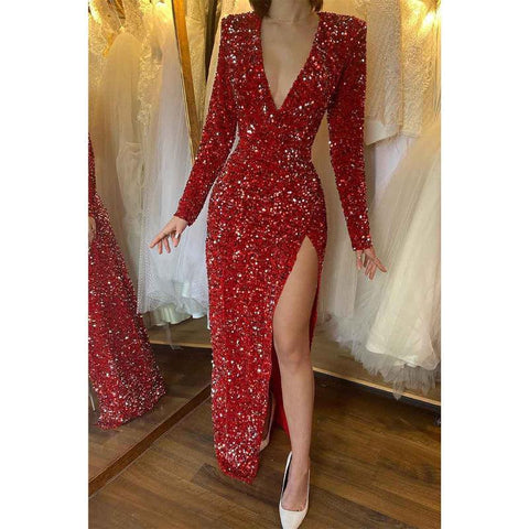 Vestido de fiesta de graduación sexy con escote en V profundo, mangas largas, lentejuelas brillantes y abertura 