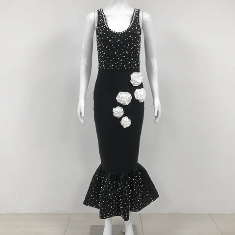 Black Color Women Sleeveless Sexy O-Neck Pearl Beading Bodycon Bandage Gown Dress Celebrate Fashion Evening Party Outfit Vestido