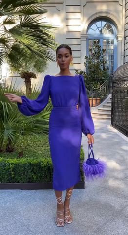 Robe de soirée fourreau à manches longues pour femme, longueur thé, référence Y4745