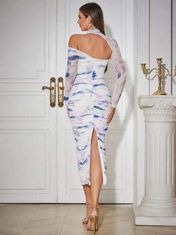 Open back hanging neck sexy long sleeved printed pleated long buttocks wrapped party evening dress