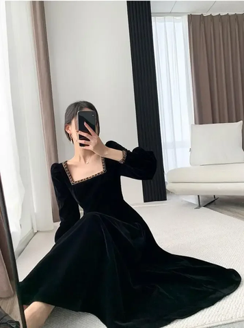 Robe en velours pour femme, manches longues, col carré, élégante, moulante, patchwork, robe de soirée tendance Y6744