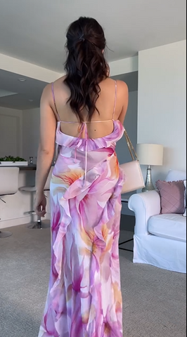 Robe de bal longue à volants, imprimé floral graphique, dos nu plongeant, fente, robe de soirée Y8099