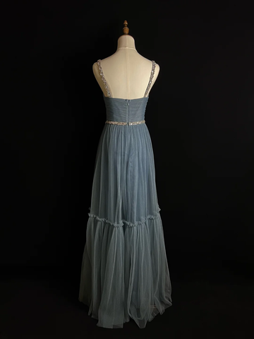 Vestido de noche sencillo azul de tul con cuentas, corte en A, tirantes finos, escote en V, estilo baile de graduación Y8649