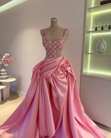 Vestido de fiesta largo de satén rosa con cuentas y rosas plisadas, corte en A, modelo Y8518