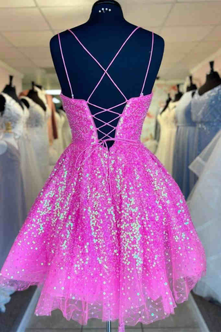 Lindo vestido de fiesta de bienvenida de lentejuelas rosa intenso corte en A Y1641