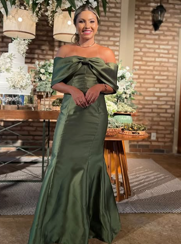 Robe de soirée sirène vintage verte à nœud et épaules dénudées, en satin, modèle Y8269