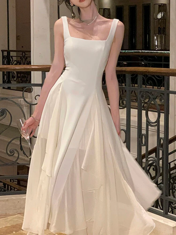 Robe de soirée élégante à bretelles blanches et col carré, modèle Y4486