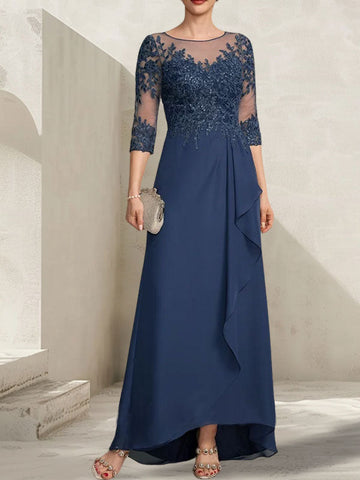 A-line Scoop Illusion Asymmetrical Lace Chiffon Mother of the Bride Dress With Sequins Cascading Ruffles
