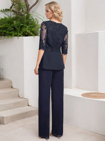 Jumpsuit/Pantsuit Separates Scoop Floor-Length Chiffon Lace Mother of the Bride Dress With Sequins