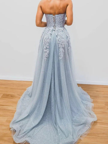 A-Line Evening Gown Sparkle & Shine Dress Formal Court Train Sleeveless Sweetheart Tulle with Beading Slit Appliques