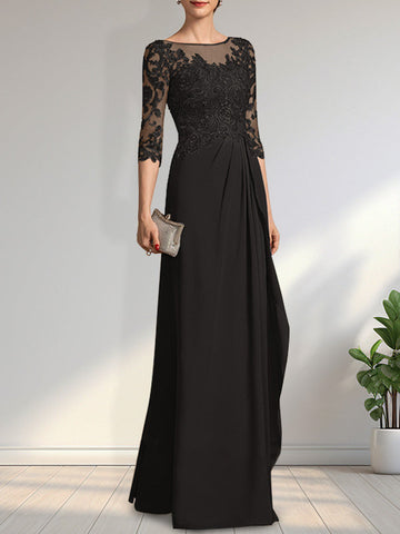 A-line Scoop Illusion Floor-Length Chiffon Lace Mother of the Bride Dress With Beading Sequins Cascading Ruffles