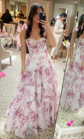 Robe de bal/soirée trapèze en mousseline imprimée de roses, modèle Y8498