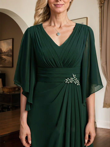 Sheath/Column V-Neck Floor-Length Chiffon Mother of the Bride Dress With Pleated Sequins Beading