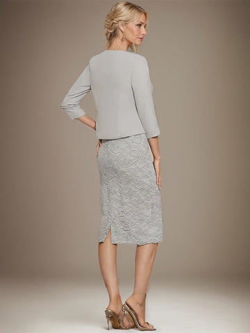 Sheath/Column Scoop Knee-Length Chiffon Lace Mother of the Bride Dress With Beading