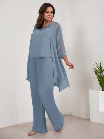 Chiffon Scoop Long Sleeves Mother Of The Bride Pantsuits With Jacket