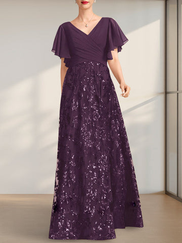 A-line V-Neck Floor-Length Lace Sequin Chiffon Mother of the Bride Dress With Pleated