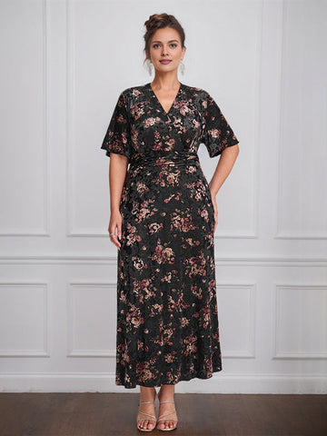 Vintage Plain V-Neck Short Sleeves Velvet Tea-Length Mother of the Bride Dress With Slit