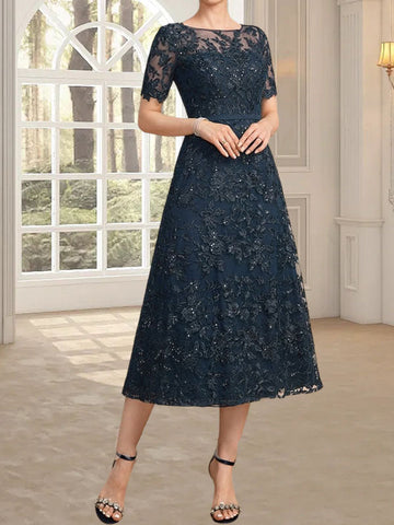 A-line Scoop Illusion Tea-Length Lace Mother of the Bride Dress With Sequins