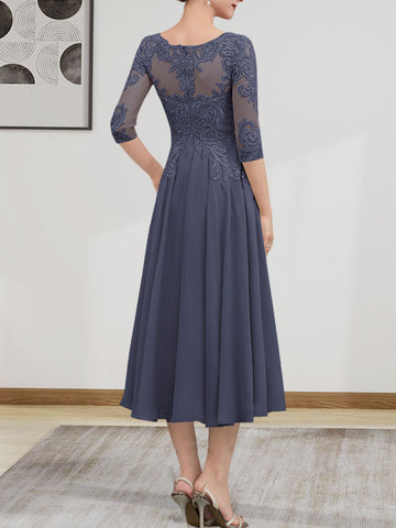 A-line Scoop Illusion Tea-Length Chiffon Lace Mother of the Bride Dress With Beading Sequins