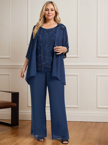 Separates Jumpsuit/Pantsuit Scoop Floor-Length Lace Chiffon Mother of the Bride Dress With Sequins