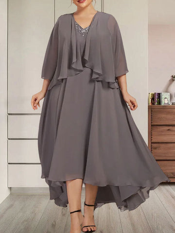 A-line V-Neck Asymmetrical Chiffon Mother of the Bride Dress With Beading Sequins