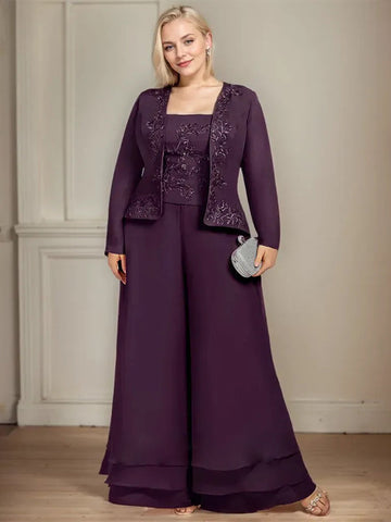 Separates Jumpsuit/Pantsuit Square Ankle-Length Lace Chiffon Mother of the Bride Dress With Sequins