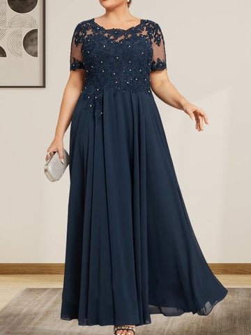 A-line Scoop Illusion Floor-Length Chiffon Lace Mother of the Bride Dress With Sequins Beading