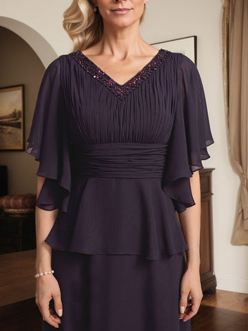 A-line V-Neck Floor-Length Chiffon Mother of the Bride Dress With Pleated Beading