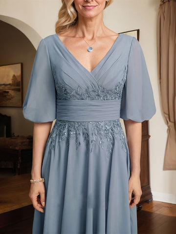 A-line V-Neck Tea-Length Lace Chiffon Mother of the Bride Dress With Pleated