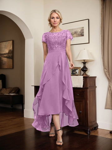 A-line Scoop Illusion Asymmetrical Chiffon Lace Mother of the Bride Dress With Bow Ruffle Sequins