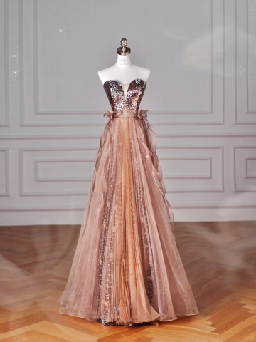 Robe de bal/soirée vintage rose doré sans bretelles en tulle à sequins et perles, coupe trapèze, référence Y8622